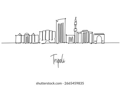 Tripoli Líbia horizonte da cidade em uma linha contínua de desenho destacando o Castelo Vermelho Mártires Praça Torre de Trípoli e o arco, um conceito moderno cartaz de viagem temático para a decoração urbana do Mediterrâneo.