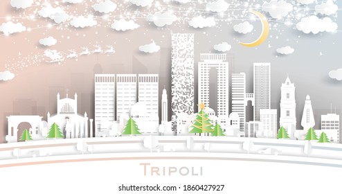 Tripoli Libya City Skyline in Paper Cut Style with Snowflakes, Moon and Neon Garland. Vector Illustration. Christmas and New Year Concept. Santa Claus on Sleigh.