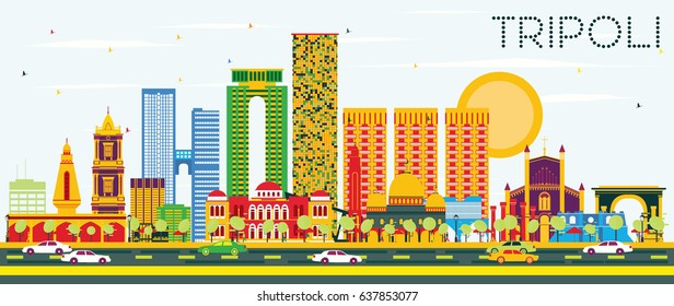 Tripoli Skyline with Color Buildings and Blue Sky. Vector Illustration. Business Travel and Tourism Concept with Historic Buildings. Image for Presentation Banner Placard and Web.