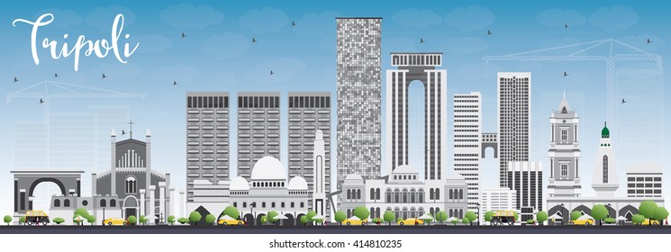 Tripoli Skyline with Gray Buildings and Blue Sky. Vector Illustration. Business Travel and Tourism Concept with Historic Buildings. Image for Presentation Banner Placard and Web.