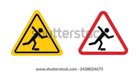 Tripping hazard warning sign. floor surface obstacle fall caution symbol. person foot falling beware sign.