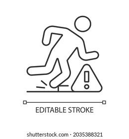 Tripping hazards linear manual label icon. Falling precautions. Thin line customizable illustration. Contour symbol. Vector isolated outline drawing for product use instructions. Editable stroke