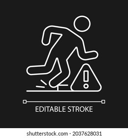 Tripping hazards white linear manual label icon for dark theme. Thin line customizable illustration. Isolated vector contour symbol for night mode for product use instructions. Editable stroke