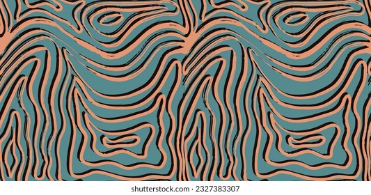 Trippy 1970s seamless pattern. Abstract optical illusion. Psychedelic waves. Wood texture, marble pattern. Drawn by hand.