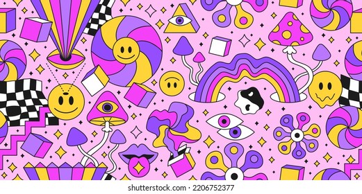 Patrón psiquínico sin costuras del estilo hippie de los años 60.Ilustración de caracteres de doodle localizados por vectores.Rostros de groovía de sonrisa, geometría de diseño sin soldadura concepto de arte de impresión de papel pintado
