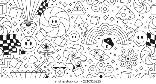 Trippy 60s hippie style psychedelic seamless pattern.Vector crazy doodle character illustration.Smile groovy faces,geometry seamless pattern vintage wallpaper print art concept