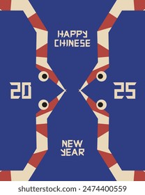Trippy Abstract 2025 Chinese 2025 new year postcard cover design. Boho Grovy aesthetic snake. Red blue brown pastel color 2025 vector illustration. EPS 10