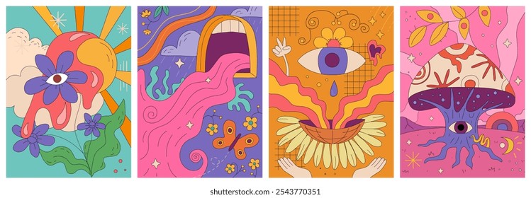 Trippy abstract flowers and natural elements and ornaments. Vector in flat style, psychedelic poster with floral decoration, mushroom with eyes and mouth with flow. Hippy and vintage drawings