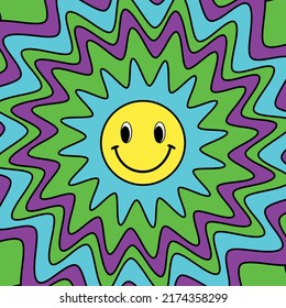Trippy acid rave smile. Vector cool positive smile poster. Psychedelic background with trippy smile vibes y2k