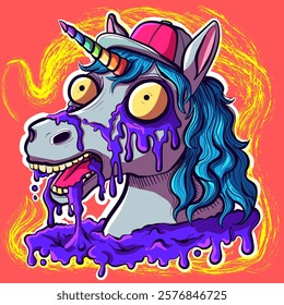 Trippy acid unicorn head with a horn wearing a hat. Psychedelic horse with insane eyes and liquid slime on it.