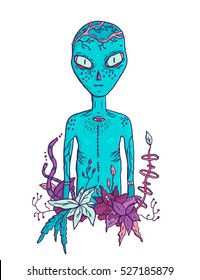 Trippy alien and big eyes   space plants  Hand draw art over white background and alien in bright colors 