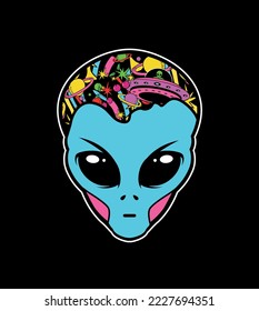 Trippy Alien Face. Trippy UFO. Invader from outer space. Space design free vector