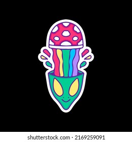 Trippy alien head with amanita mushroom and rainbow splash, illustration for t-shirt, sticker, or apparel merchandise. With doodle, retro, and cartoon style.
