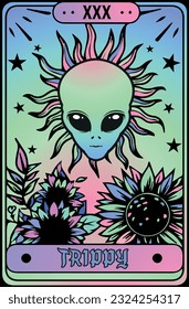 Trippy Alien tarot card. Vintage tarot card. Holographic design