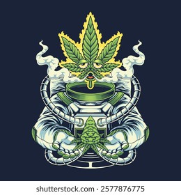 trippy astronaut smoking weed mascot illustration for tshirt design, logo, or stickers