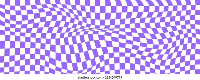 Trippy background with warped purple and white squares. Distorted chess board pattern. Chequered visual illusion. Psychedelic checkerboard texture. Vector illustration