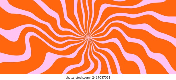 Trippy burst lines background. Psychedelic wavy stripes wallpaper. Groovy twisted sunburst swirl. Distorted curly wave texture design for poster, banner, flyer, cover. Vector backdrop