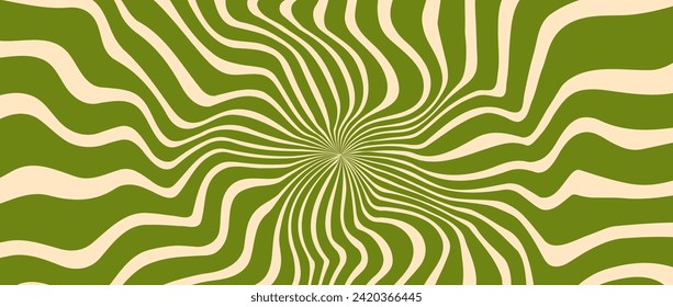 Trippy burst lines background. Psychedelic wavy stripes wallpaper. Green groovy twisted sunburst swirl. Distorted curly wave texture design for poster, banner, flyer, cover, print. Vector backdrop