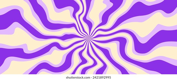 Trippy burst lines background. Psychedelic wavy stripes wallpaper. Groovy twisted sunburst swirl. Distorted curly wave texture design for poster, banner, flyer, cover. Vector purple backdrop