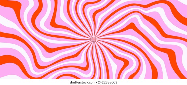 Trippy burst lines background. Psychedelic wavy stripes wallpaper. Groovy twisted sunburst swirl. Distorted curly wave texture design for poster, banner, flyer, cover. Vector pink red white backdrop