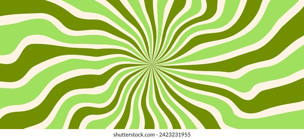 Trippy burst lines background. Psychedelic wavy stripes wallpaper. Green yellow groovy twisted sunburst swirl. Distorted curly wave texture design for poster, banner, cover, print. Vector backdrop