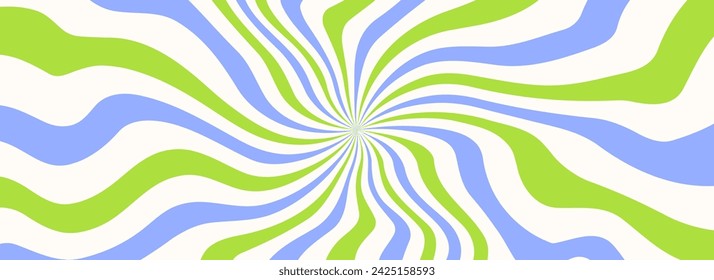 Trippy burst lines background. Psychedelic wavy stripes wallpaper. Green blue white groovy twisted sunburst swirl. Distorted curly wave texture design for poster, banner, cover, print. Vector backdrop