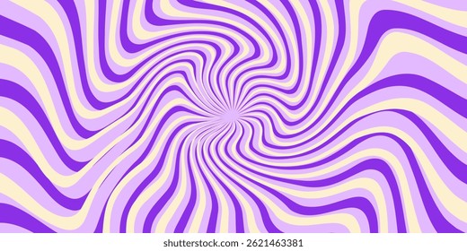 Trippy burst lines background. Psychedelic wavy stripes wallpaper. Groovy twisted sunburst swirl. Distorted curly wave texture design for poster, banner, flyer, cover. Vector purple backdrop