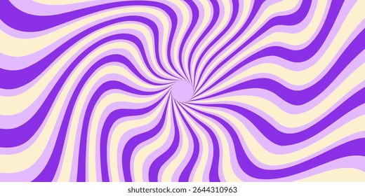Trippy burst lines background. Psychedelic wavy stripes wallpaper. Groovy twisted sunburst swirl. Distorted curly wave texture design for poster, banner, flyer, cover. Vector purple backdrop