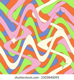 Trippy burst zigzag lines background. Psychedelic wavy intertwined stripes wallpaper. Groovy twisted sunburst swirl. Distorted curly wave texture design for poster, banner, cover. Vector backdrop