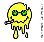 Trippy cannabis happy face, smiling. Vector cartoon character flat illustration. Rasta, weed, cannabis, marijuana chill. Marijuana Legalization. Medical cannabis. For poster, t-shirt print, sticker