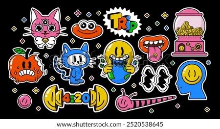 Trippy cartoon characters sticker. Abstract psychedelic smile pill trip, Acid cat and drip apple, 4:20 time to smoke. Vector set of colorful labels