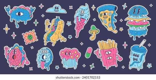 Trippy cartoon fast food stickers. Melted burger, crazy psychedelic junk food and acid street food trip vector illustration set of trippy vintage cartoon