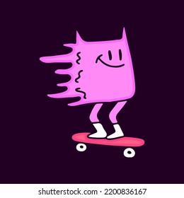 Trippy cat character riding skateboard cartoon, illustration for t-shirt, sticker, or apparel merchandise. With modern pop style.