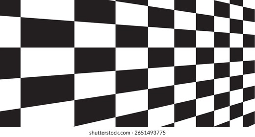 Trippy checkerboard background. Black and white retro psychedelic checkered wallpaper. Wavy groovy chessboard surface. Distorted and twisted geometric pattern. Abstract vector backdrop