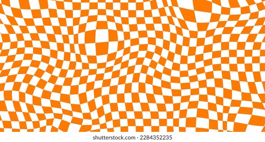 Fondo del tablero de Trippy. Papel pintado a cuadros psicodélicos retro anaranjado. Superficie ondulante de tablero de ajedrez. Patrón geométrico distorsionado y retorcido. Resumen del fondo vectorial