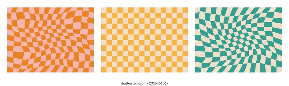 Trippy checkerboard background. Orange retro psychedelic checkered wallpaper. Wavy groovy chessboard surface. Distorted and twisted geometric pattern. Abstract vector backdrop