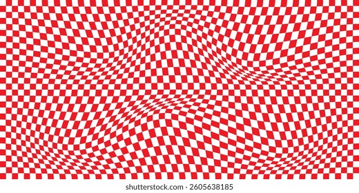 Trippy checkerboard background Red and White. Retro psychedelic checkered wallpaper. Wavy groovy chessboard surface. Distorted geometric pattern. Abstract monochrome vector backdrop. EPS 10.