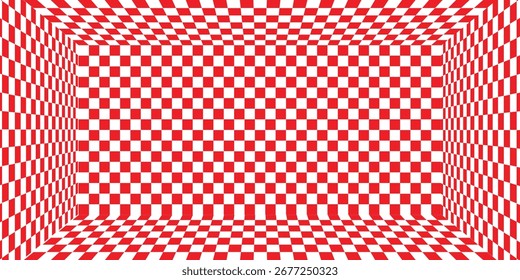 Trippy checkerboard background Red and White. Retro psychedelic checkered wallpaper. Wavy groovy chessboard surface. Distorted geometric pattern. Abstract monochrome vector backdrop. EPS 10.