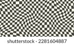 Trippy checkerboard background. Retro psychedelic checkered wallpaper. Wavy groovy chessboard surface. Distorted geometric pattern. Abstract monochrome vector backdrop