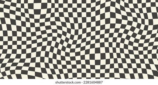 Trippy checkerboard background. Retro psychedelic checkered wallpaper. Wavy groovy chessboard surface. Distorted geometric pattern. Abstract monochrome vector backdrop