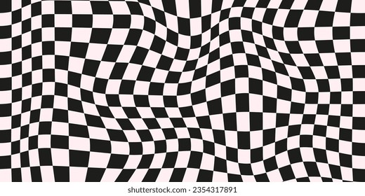 Trippy checkerboard background. Retro psychedelic checkered wallpaper. Wavy groovy chessboard surface. Distorted geometric pattern. Abstract monochrome vector backdrop