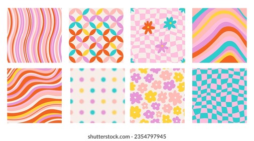 Trippy checkerboard background. Retro psychedelic checkered wallpaper. Wavy groovy chessboard surface. Distorted geometric pattern. Abstract monochrome vector backdrop