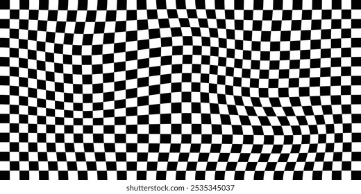 Trippy checkerboard background. Retro psychedelic checkered wallpaper. Wavy groovy chessboard surface. Distorted geometric pattern. Abstract vector backdrop.