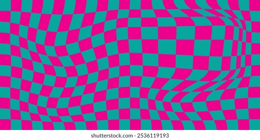 Trippy checkerboard background. Retro psychedelic checkered wallpaper. Wavy groovy chessboard surface. Distorted geometric pattern. Abstract monochrome vector backdrop. EPS 10.