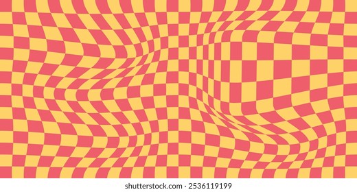 Trippiger Schachbretthintergrund. Retro psychedelisch karierte Tapete. Wellenförmige, groovende Schachbrettfläche. Verzerrtes geometrisches Muster. Abstrakter monochromer Vektorhintergrund. EPS 10.