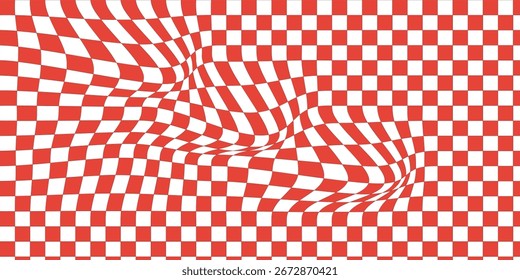 Fundo de tabuleiro de xadrez trippy. Papel de parede quadriculado psicodélico retrô. Superfície de xadrez ondulada groovy. Padrão geométrico distorcido. Vetor abstrato ...