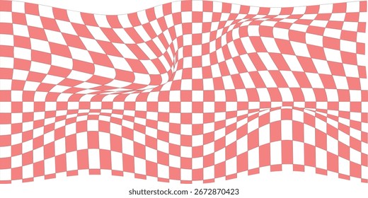 Trippy fondo de tablero de ajedrez. Fondo de pantalla de cuadros psicodélicos retro. Superficie de tablero de ajedrez ondulada. Patrón geométrico distorsionado. Vector Abstractas...