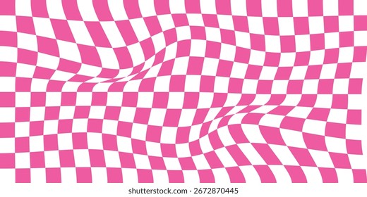 Trippy fondo de tablero de ajedrez. Fondo de pantalla de cuadros psicodélicos retro. Superficie de tablero de ajedrez ondulada. Patrón geométrico distorsionado. Vector Abstractas...