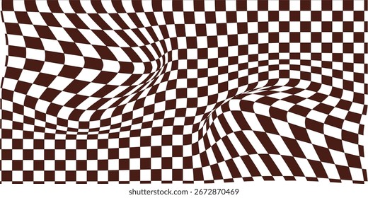 Fundo de tabuleiro de xadrez trippy. Papel de parede quadriculado psicodélico retrô. Superfície de xadrez ondulada groovy. Padrão geométrico distorcido. Vetor abstrato ...