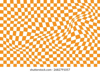 Trippy checkerboard background. Retro psychedelic checkered wallpaper. Wavy groovy chessboard surface. Distorted geometric pattern. wavy checkerboard.